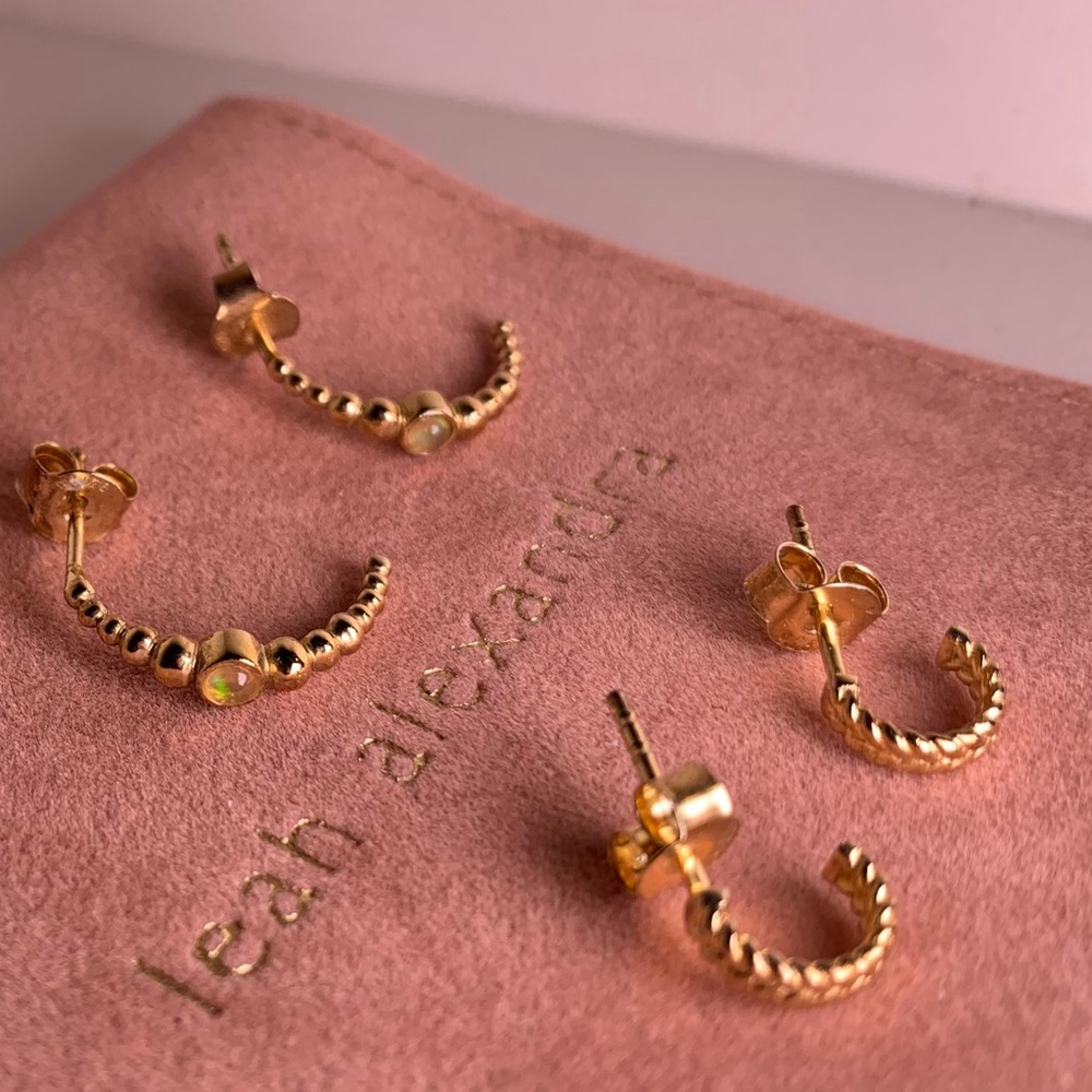 Leah Alexandra  14K Gold Plated Mini Braided Hoops + Opal Beaded Earrings Set
